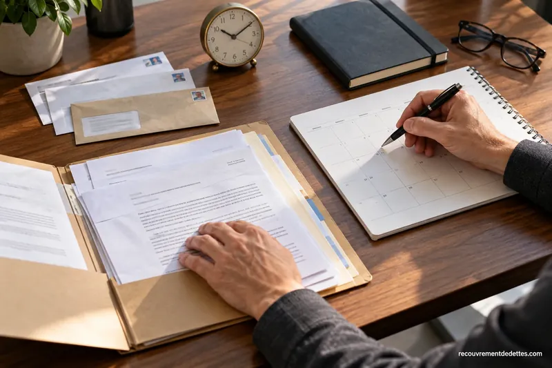 Une personne vérifie des documents datés près d’un calendrier, d’une horloge et d’enveloppes sur un bureau.