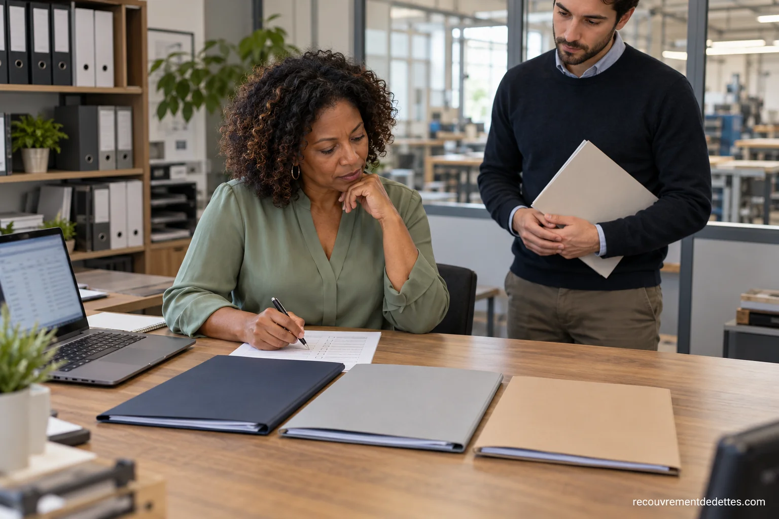 Une dirigeante compare trois dossiers sur une table de travail, accompagnée d’un collaborateur.