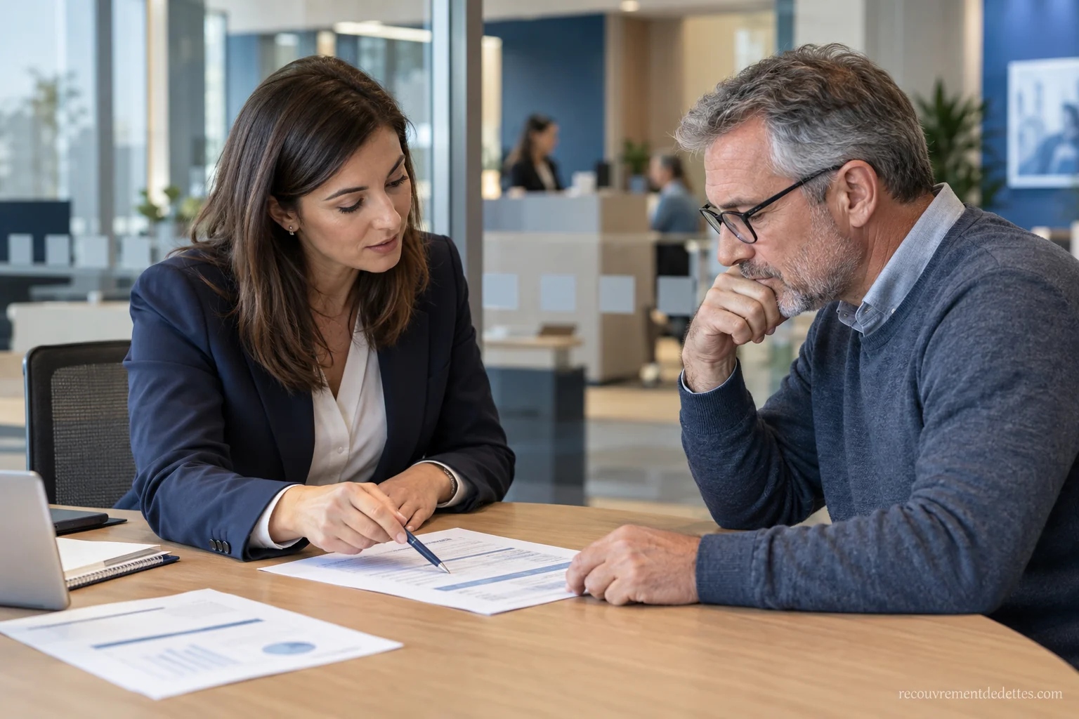 Une conseillère bancaire et un client portant des lunettes examinent des documents au bureau de l’agence.
