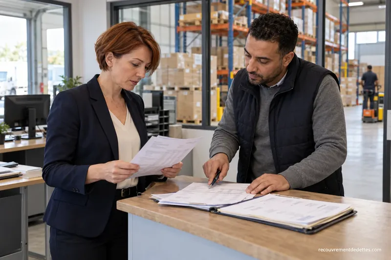 Deux interlocuteurs professionnels contrôlent des factures dans les locaux de leur entreprise.