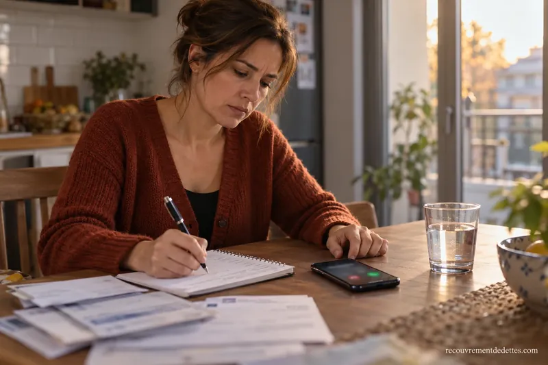 Une femme consigne des appels dans un carnet tandis qu’un téléphone affiche un appel entrant.