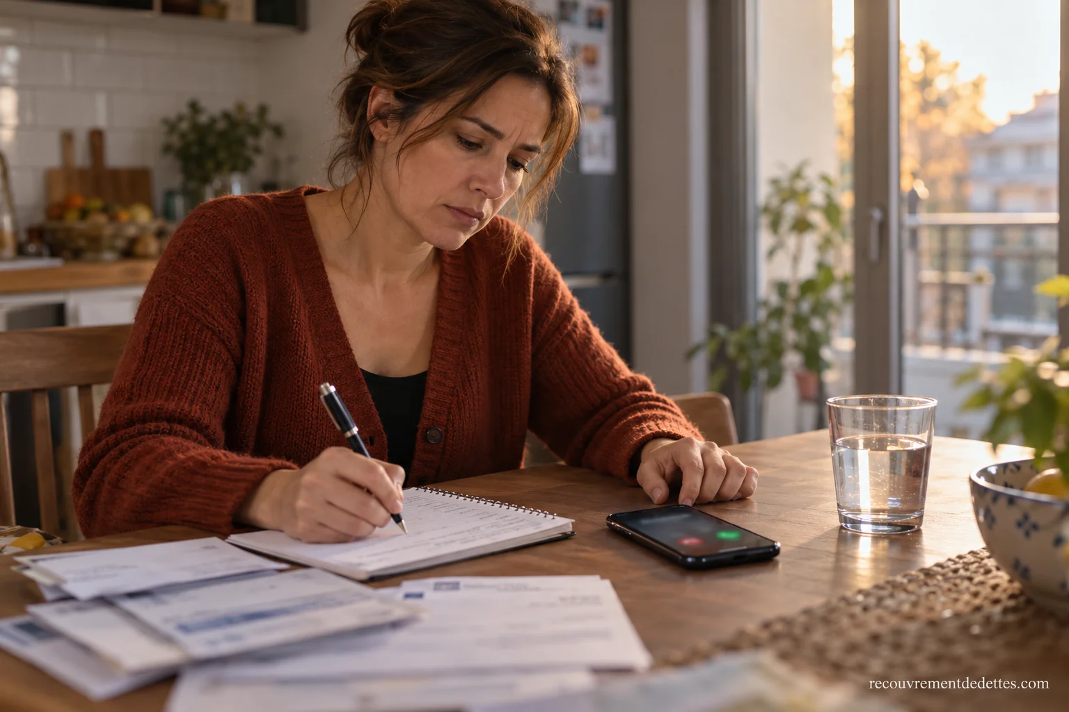 Une femme note des informations à sa table de cuisine, près d’un téléphone affichant un appel entrant et de courriers.