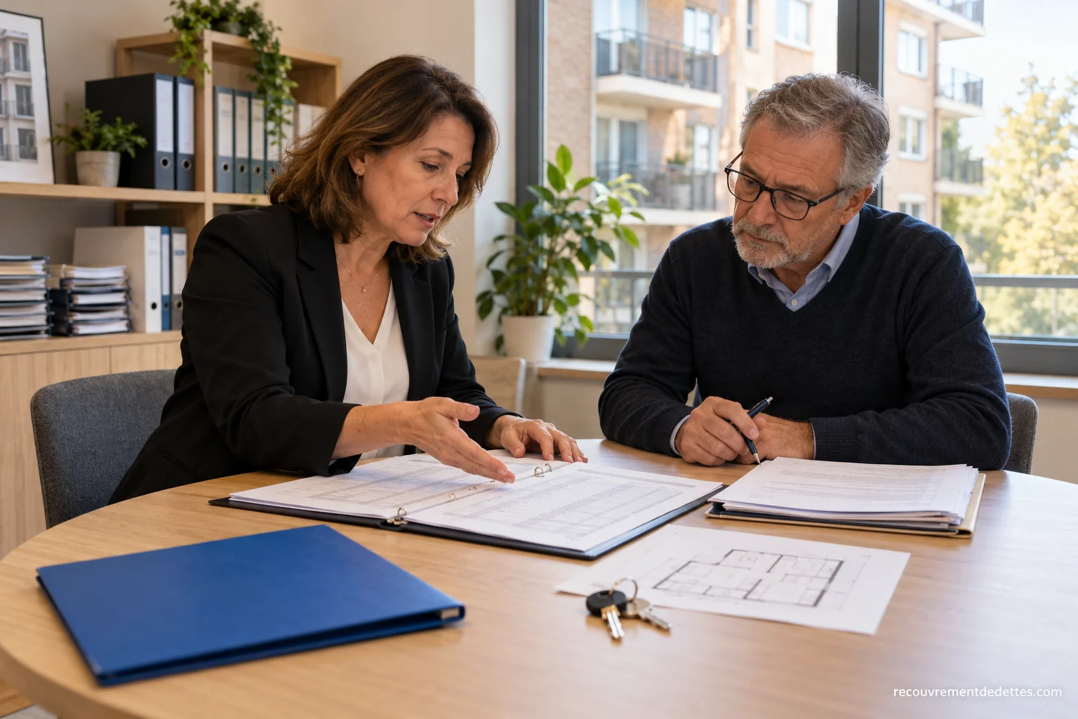 Une gestionnaire immobilière et un homme examinent un relevé à côté du plan d’un logement.
