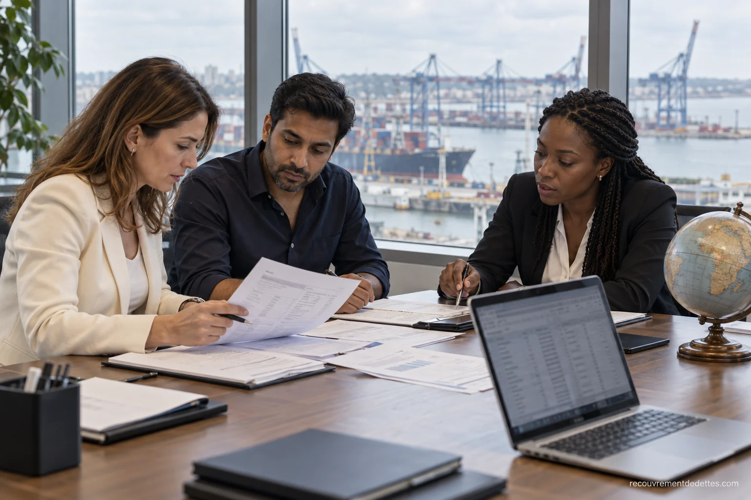 Trois professionnels réunis autour de documents, avec un globe et un port en arrière-plan.